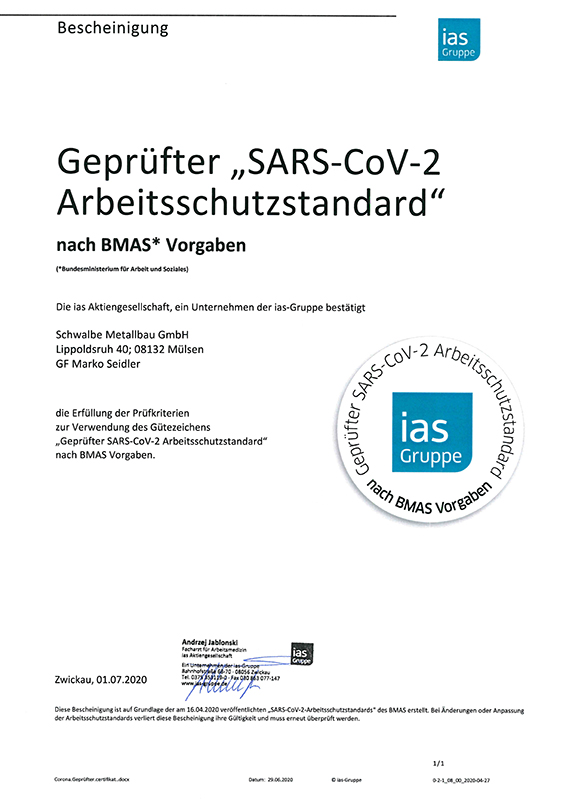 Schwalbe Metallbau erfüllt SARS-CoV-2 Arbeitsschutzstandard